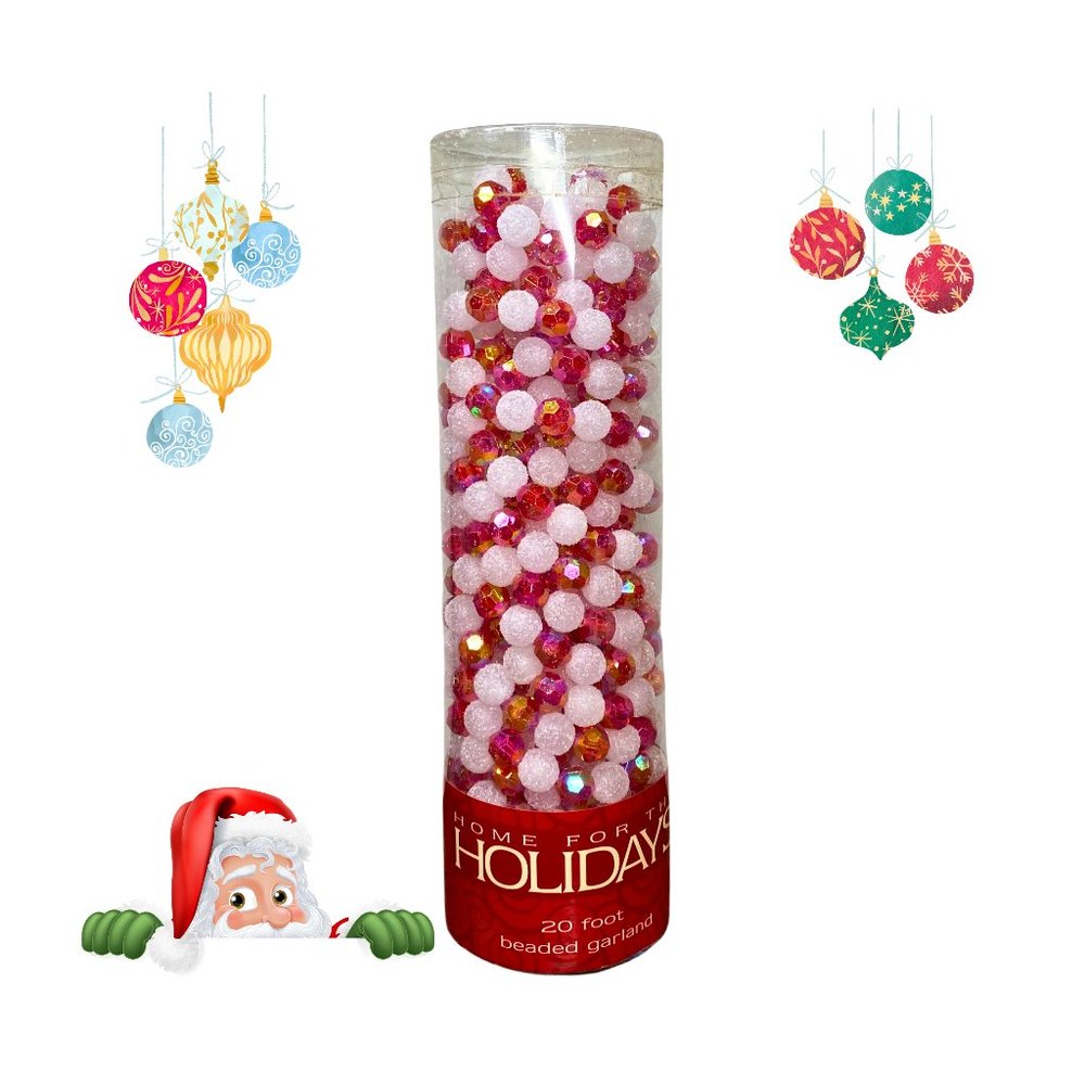 Home For The Holidays 20 Foot Iridescent Red Frosted White Beaded Garland New IP